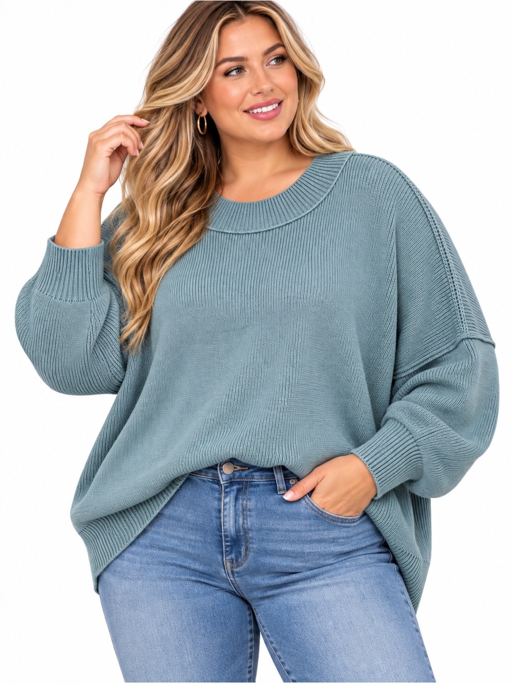 Zenana 2X Blue Gray Oversized Wide Neck Drop Shoulder Knit Sweater NWOT
